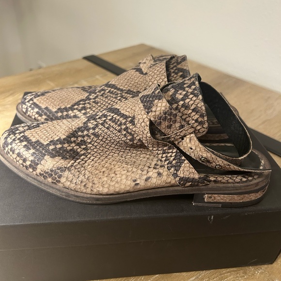 Freda Salvador Flame Taupe Snake Print Mule with Ankle Strap